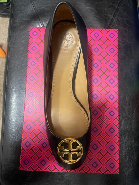 Tory Burch Shoes - Tory Burch Black Leather Wedge with Gold Logo